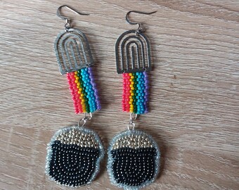 Rainbow with a pot of gold beaded earrings - handmade bead embroidery earrings