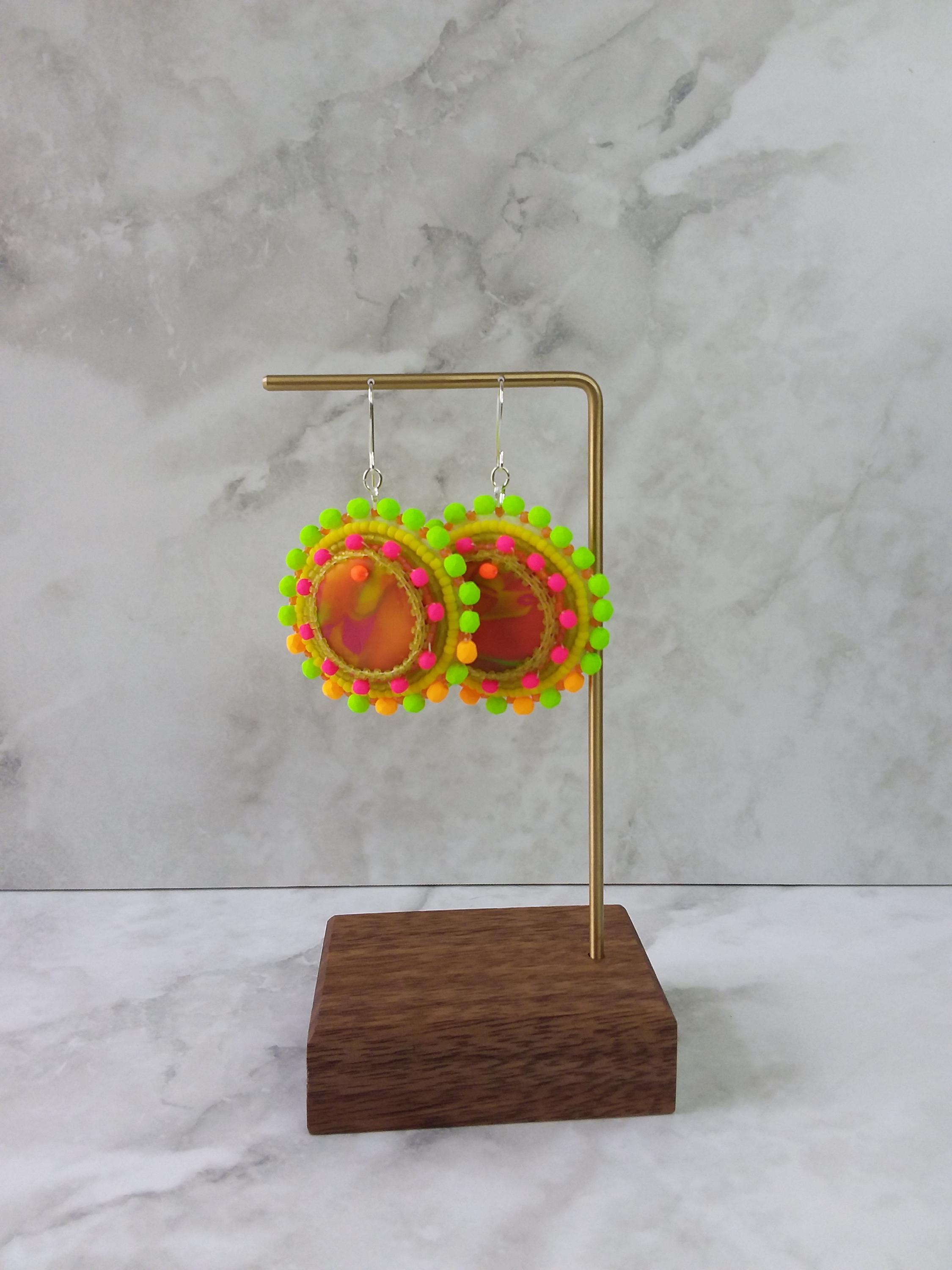 Neon Swirl Clay Earrings: Handmade Beaded Black Light Jewelry