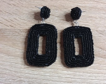 Black beaded rectangle drop earrings - handmade bead embroidery earrings