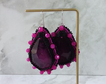 Handmade Beaded Teardrop Earrings: Pink & Black Jewel Earrings