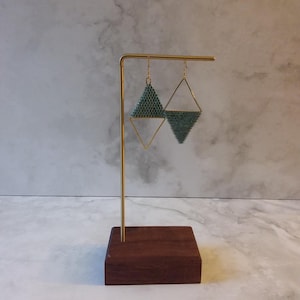 Shimmery blue and gold asymmetrical geometric earrings - handmade beaded earrings