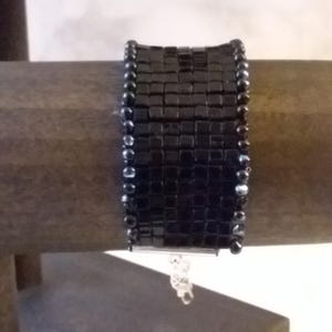 Handmade Black Glass Beaded Cuff Bracelet with Silver Clasp