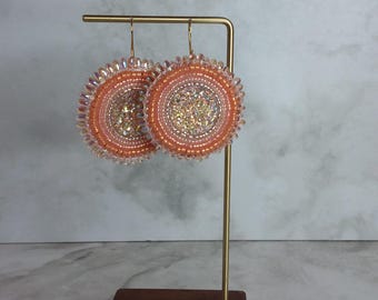 Handmade Iridescent Beaded Earrings: Pink Peach Ombre, Rose Gold