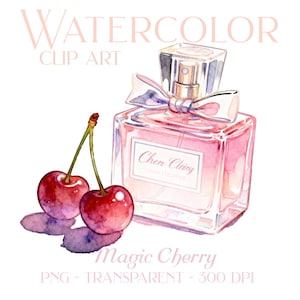 Puede incluir: Ilustración de arte de clip de acuarela de un frasco de perfume y cerezas. El frasco de perfume tiene forma cuadrada con un lazo y un pulverizador. Dos cerezas están frente a la botella. El texto "Magic Cherry" está en la parte inferior.