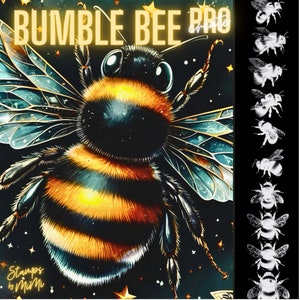 Puede incluir: Una ilustración digital de un abejorro grande con rayas negras y amarillas y alas iridiscentes. La abeja está sobre un fondo oscuro con estrellas. El texto "BUMBLE BEE PRO" está en letras amarillas en la parte superior de la imagen. El texto "Stamps by Mimi" está en letras amarillas en la parte inferior de la imagen.