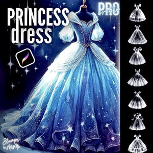 May include: A blue princess dress with a sparkling bodice and a flowing skirt. The dress is decorated with stars and has a heart-shaped neckline. The dress is on a mannequin and is surrounded by a dark blue background with stars.