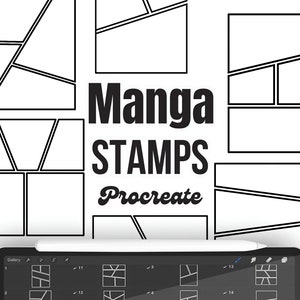May include: A digital illustration of a set of 14 manga panel stamps for Procreate. The stamps are displayed on a digital tablet screen. The stamps are black and white and feature different panel layouts.