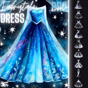May include: A watercolor illustration of a blue and white fairytale dress with a galaxy print. The dress has a sweetheart neckline and long sleeves. The dress is surrounded by stars and a watercolor background.