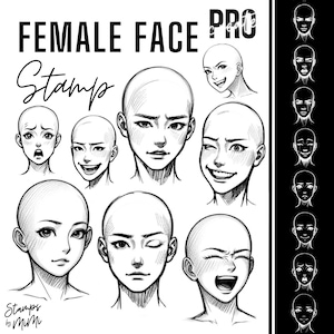 Könnte beinhalten: Eine Reihe von Schwarzweiß-Zeichnungen von weiblichen Gesichtern mit verschiedenen Ausdrücken. Die Gesichter sind in einem einfachen Stil gezeichnet und mit dem Text "Female Face Stamps Pro" beschriftet.