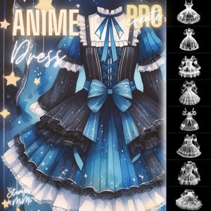 Peut inclure: Une robe de style anime bleue et noire avec un grand nœud bleu et une bordure en dentelle blanche. La robe a un corsage noir avec un col blanc et un nœud blanc. La robe est sur un fond avec des étoiles et un ciel bleu.