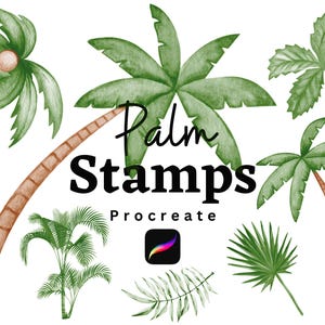 Könnte beinhalten: Ein Set digitaler Palmen-Stempel für Procreate, mit verschiedenen Stilen von Palmen mit grünen Blättern und braunen Stämmen. Der Text "Palm Stamps" und "Procreate" ist ebenfalls im Bild enthalten.