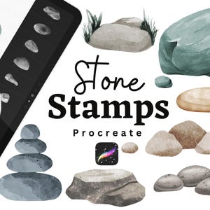 May include: A digital illustration of watercolor-style stone stamps for Procreate. The image shows a variety of stones in different shapes and sizes, including a stack of stones, a large flat stone, and a round stone. The stones are in shades of gray, brown, and beige.