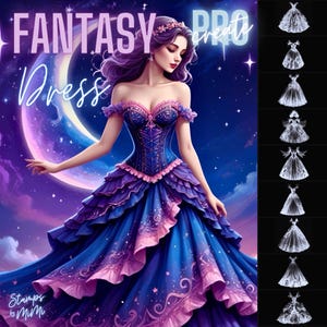 Può includere: Un'illustrazione digitale di una donna che indossa un abito fantasy blu e rosa con stelle e vortici. L'abito ha un corpetto a corsetto e una gonna fluida. Lo sfondo è un cielo notturno con una luna crescente. Il testo "Fantasy Dress Pro create" è in alto nell'immagine. Il testo "Stamps by Mimi" è in basso nell'immagine.