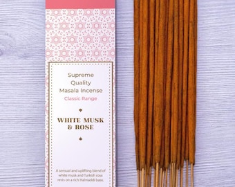 Incienso premium de almizcle blanco y rosa - Incienso masala natural de Bhagwan Incense / Meditación de yoga, relajación, aromaterapia, tantra (15 g)