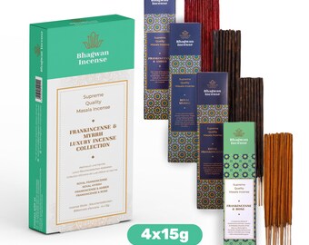 Frankincense & Myrrh Luxury Incense Sticks Collection 4 x 15g boxes: Royal Frankincense, Royal Myrrh, Frankincense Amber, Frankincense Rose