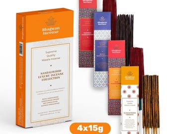 Sandalwood Luxury Incense Sticks Collection - 4x15g boxes: Royal Sandalwood, Red Sandalwood, Sandalwood Origins, Saffron Sandalwood - Gift