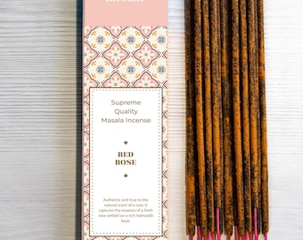 Red Rose Authentic Soft Masala Incense Sticks, Gentle Floral Halmaddi Indian Agarbatti, Pure Premium Natural Long Lasting Spa Home Fragrance