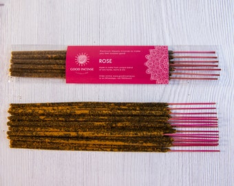 May include: A pack of Good Incense Rose incense sticks. The packaging is pink with a mandala design and the text "Premium Masala incense to make you feel awesome good. ROSE. Made in India from unique blend of rare herbs, resins & oils. Order online: www.goodincense.eu or on Whatsapp +49 15734978843."