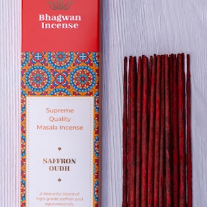 Saffron Oudh Incense Sticks - Natural Indian Low-Smoke Woody Agarbatti by Bhagwan Incense | For Sufi, Meditation, Salah, Namaz, Prayer 15g