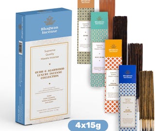 Oudh & Agarwood Luxury Incense Sticks Collection — 4 boxes x 15g: Bhagwan Incense Oudh, Assam Agarwood, Sufi Oudh, Oudh Majestic Gift