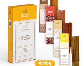 Nag Champa Luxury Incense Sticks Collection 4 boxes x 15g: Nag Champa Supreme, Nag Champa Red, Woody Champa, Nag Champa Bliss - Perfect Gift