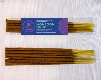 Monsoon Oudh Incense Sticks, Premium Artisanal Hand Rolled Agarwood Oud Masala Agarbatti, Natural Resinous Soft Animalic Scent 15g 100g 250g