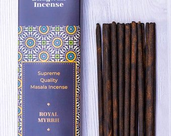 Royal Myrrh - Bhagwan Incense Pure Organic Hand Rolled Woody Incense Sticks Temple Grade Quality Incense Yoga Meditation Gift 15g