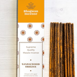 Sandalwood Origins Incense Sticks - Rare Vintage Blend by Bhagwan Incense | Natural Premium Incense for Yoga, Meditation, SPA, Massage - 15g