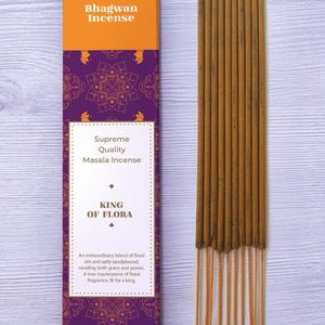 King of Flora Incense Sticks by Bhagwan Incense - Natural Premium Incense Flora and Salty Sandalwood blend - Yoga Meditation Temple Puja 15g