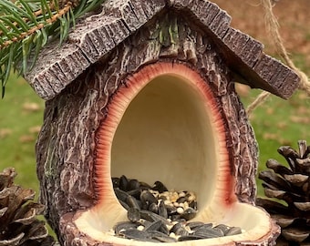 Rustic Woodland Resin Made Tree Trunk Bird Feeder – Mini Hanging Outdoor Feeder for Small Birds – Fairy Garden Decor – Nature Lover Gift