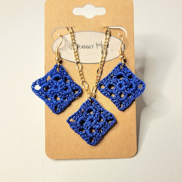 Tiny Crochet Granny Square Gold Necklace, Earrings, Or set of Both