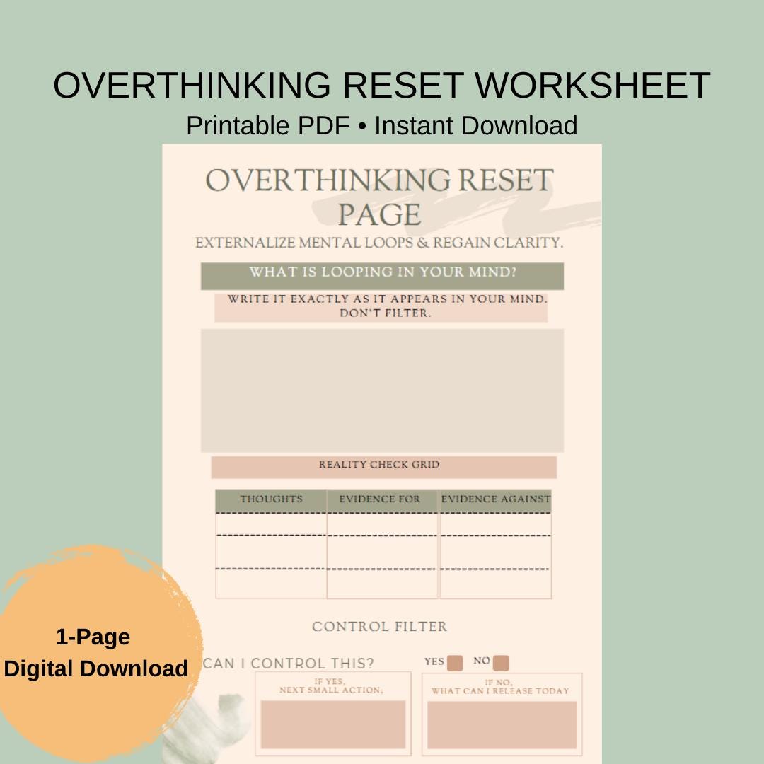 Overthinking Reset Worksheet PDF | CBT Thought Record Printable ...