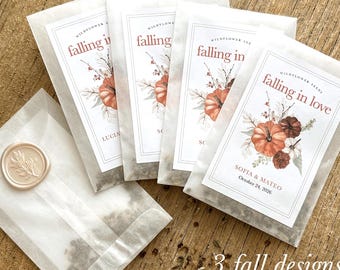 Personalized Rustic Fall Wedding Favor Bulk Wildflower Seed Packet Falling In Love Shower Fall Bridal Shower Pumpkin Theme Terracotta Sage