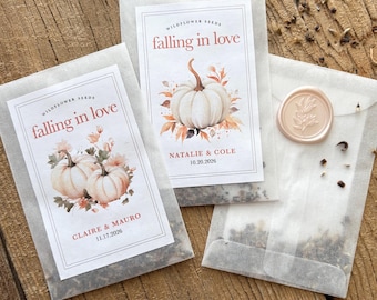 Recuerdos personalizados para despedida de soltera rústica, paquete de semillas para despedida de soltera otoñal, temática de calabazas y flores silvestres, regalo ecológico para invitados de otoño.
