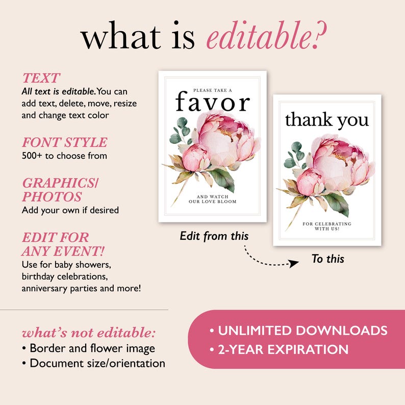 May include: Two printable signs with floral designs. One says "Please take a favour" and the other says "thank you". The signs are for baby showers, birthday celebrations, and anniversary parties. The text is editable.