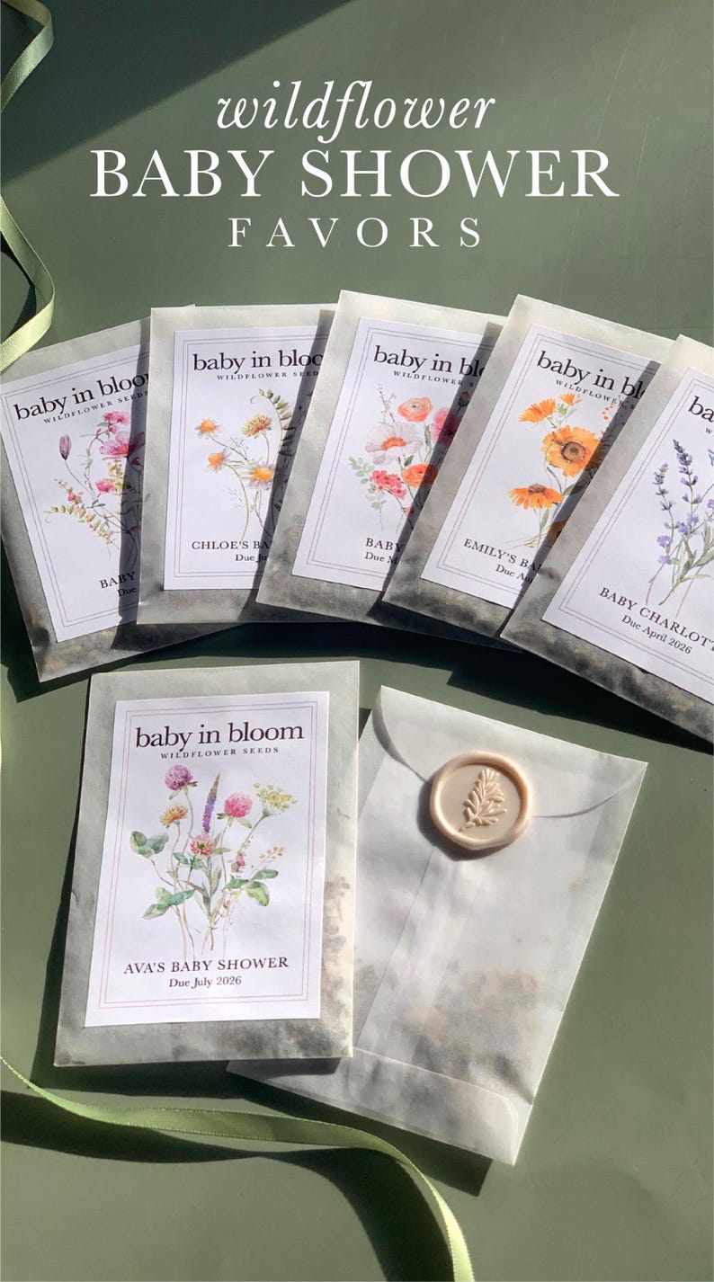 Garden Theme Baby Shower Wildflower Seed Packet Custom Favor Botanical Celebration Party Gift Bloom Themed Event Personalized Envelope Design Floral Details Natural Baby Present Eco Friendly Favor Sustainable Gift Idea Spring Celebration