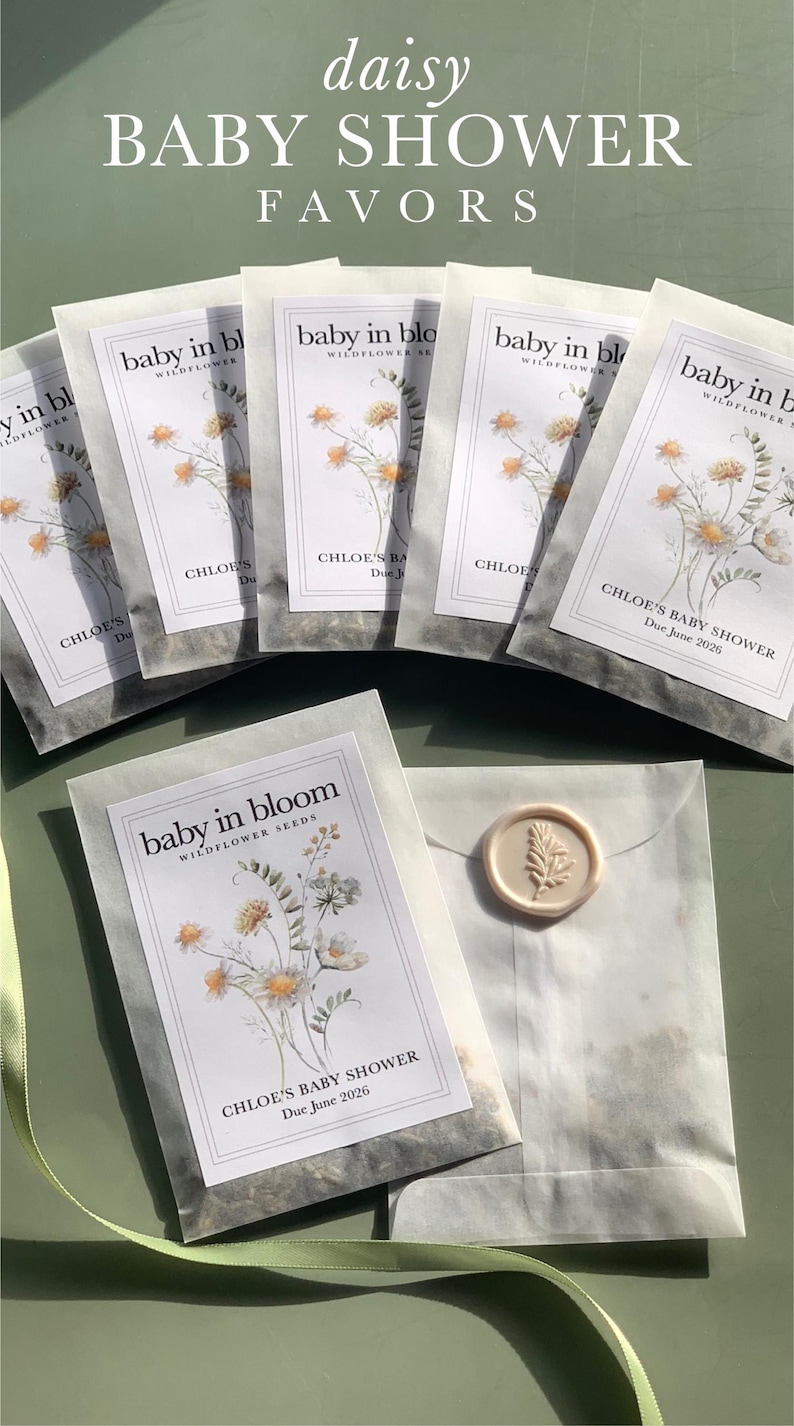Daisy Baby Shower Favor Idea Daisy Shower Idea Daisy Seed Favor Baby Shower Wildflower Seed Favor Packet Personalized Baby in Bloom Shower Favor Eco Friendly Baby Shower Favor Idea Plantable Favor Bulk Garden Theme Baby Shower Wildflower Seed Packet Custom Favor Botanical Celebration Party Gift Bloom Themed Event Personalized Envelope Design Floral Details Natural Baby Present Eco Friendly Favor Sustainable Gift Idea Spring Celebration