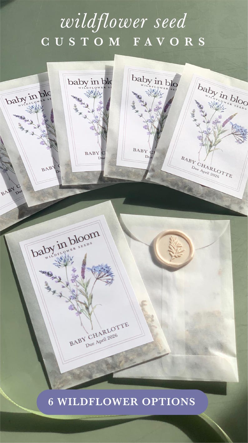 Lavender Baby Shower Favor Idea Blue Wildflower Baby Shower Favor Garden Theme Baby Shower Wildflower Seed Packet Custom Favor Botanical Celebration Party Gift Bloom Themed Event Personalized Envelope Design Floral Details Natural Baby Present Eco Friendly Favor Sustainable Gift Idea Spring Celebration