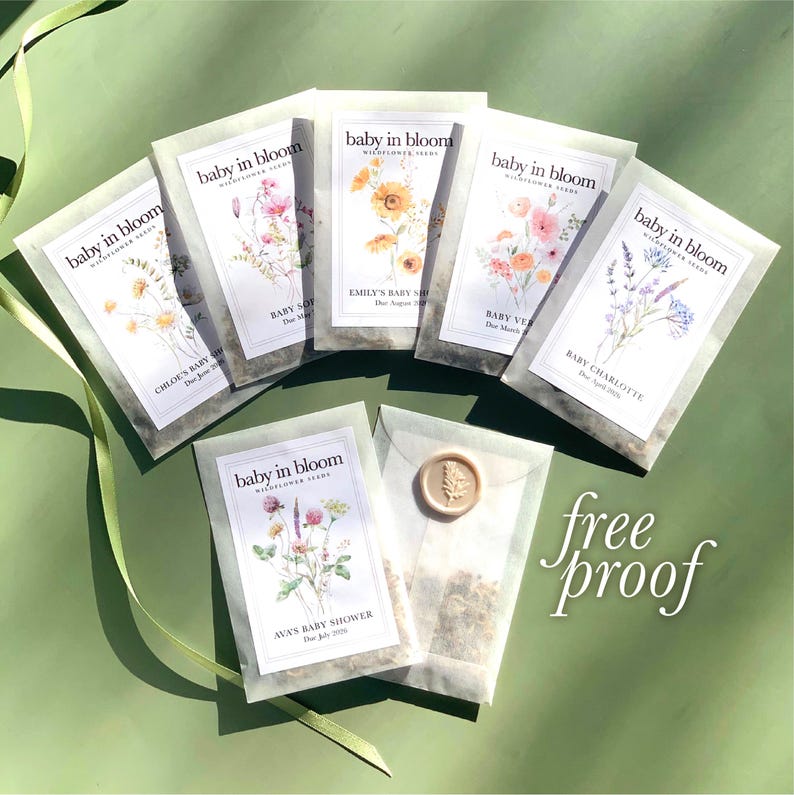 Personalized Baby Shower Favor Wildflower Seed Packet Custom Name Design Due Date Details Bloom Party Gift Eco Friendly Present Botanical Theme Celebration Garden Party Favor Glassine Envelope Package Floral Seal Option Spring Baby