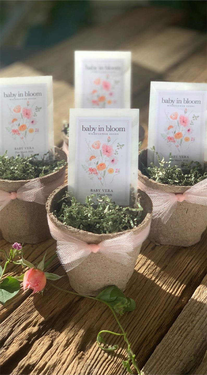 Personalized Baby Shower Favor Wildflower Seed Packet Custom Name Design Due Date Details Bloom Party Gift Eco Friendly Present Botanical Theme Celebration Garden Party Favor Glassine Envelope Package Floral Seal Option Spring Baby