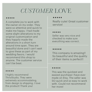 May include: A light gray graphic with the words "CUSTOMER LOVE" at the top. Below are customer reviews with five-star ratings, praising the shop's customer service, product quality, and customization.