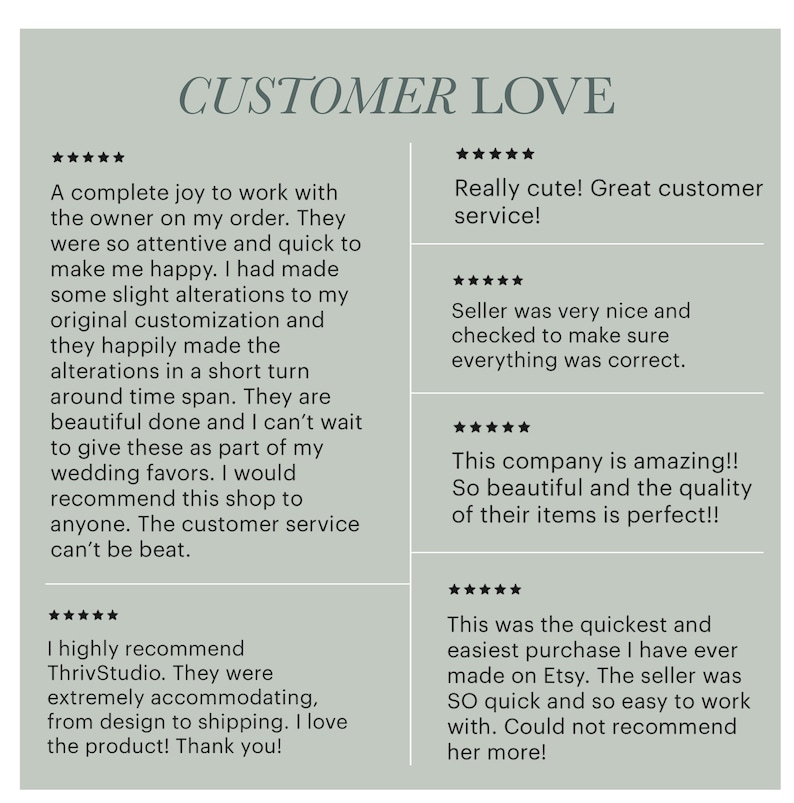 May include: A light gray graphic with the words "CUSTOMER LOVE" at the top. Below are customer reviews with five-star ratings, praising the shop's customer service, product quality, and customization.
