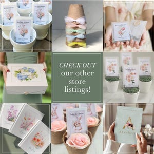 May include: A selection of floral-themed gifts and favours, including seed packets, journals, and decorative boxes. The items feature watercolour flower designs and the text "Let Love Bloom" and "Baby in Bloom". The image also includes the text "CHECK OUT our other store listings!"