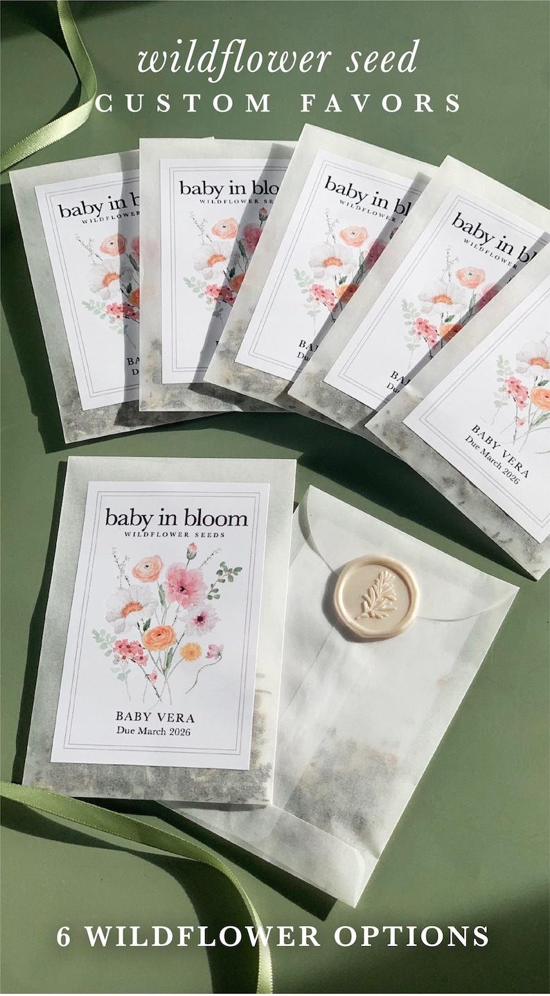 Garden Theme Baby Shower Wildflower Seed Packet Custom Favor Botanical Celebration Party Gift Bloom Themed Event Personalized Envelope Design Floral Details Natural Baby Present Eco Friendly Favor Sustainable Gift Idea Spring Celebration