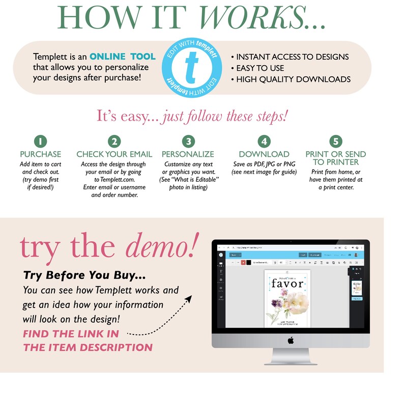 May include: An instructional graphic detailing the process of using an online design tool. The steps include purchasing, checking email, personalising, downloading, and printing. A computer screen shows a design example with the word "favor".
