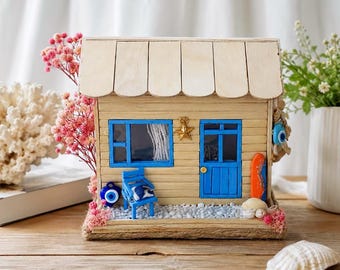 Handmade coastal miniature house, beach home diorama, nautical shelf decor, seaside cottage, ocean inspired home accent, coastal cottage