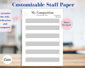 Staff Paper Editable Digital Partituras en blanco Compositor Papel manuscrito imprimible Componer cualquier instrumento Flauta Piano Violín Lecciones de música