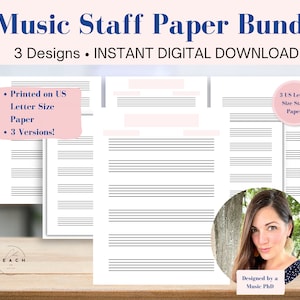 Printable Staff Paper Bundle Blank Sheet Music Composition Paper Manuscript Paper Music Gift Piano Lesson Gift Music Notebook Music Journal