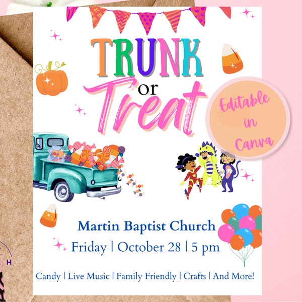 Trunk or Treat Low Ink Editable and Printable Invitation for Kids School Party or Church! Instant Download of Not Scary Halloween Flyer