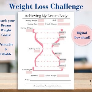 Weight Loss Tracker Printable | Fillable Weight Loss Challenge | Healthy Weight Instant Digital Download | Fillable Hourglass Letter or A6
